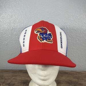 Vintage 80s Kansas Jayhawks NCAA College Red Snapback Hat AJD Lucky Stripes